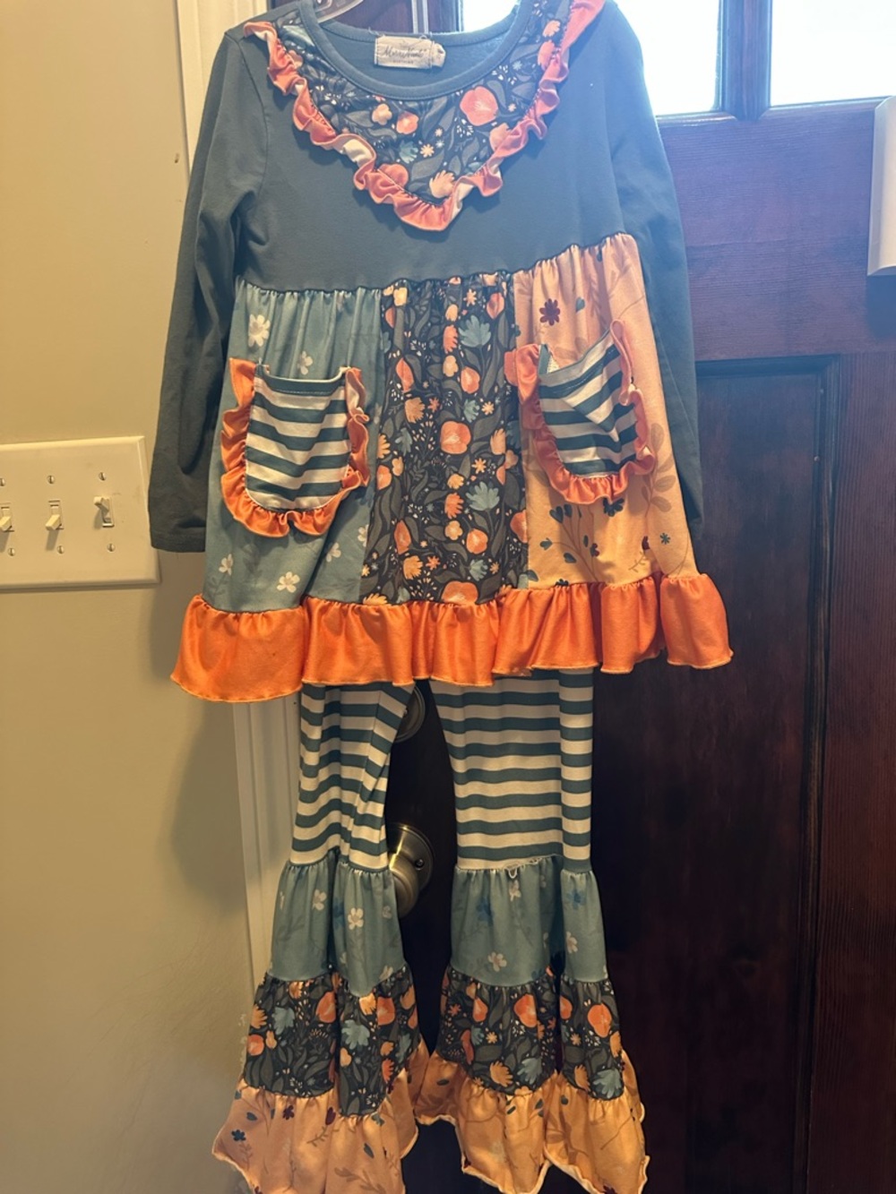 Girls' Olive & Orange Floral Ruffle Matching Set